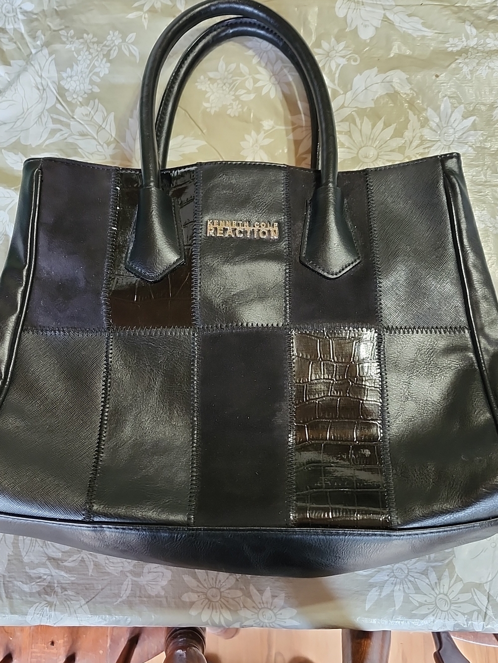 Kenneth Cole Reaction Patchwork Black Tote with Croc Accent